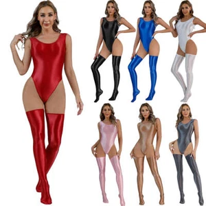 Damen Satin Glänzend Stringbody Wetlook Bodysuit Body Strümpfe Overall Dessous - Bild 1 von 20
