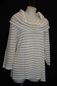 SUTTON STUDIO White Cowl Neck Sweater with Shimmering Gold Stripes 1X NWT Plus - Picture 1 of 3