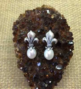 Unique Natural White Fresh Water Pearl, Sterling Silver Handmade earrings, post - Picture 1 of 2