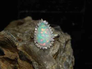Natural Fire Opal Ring, 925 Silver Ring, Diamond Ring, Wedding Engagement Ring - Picture 1 of 7