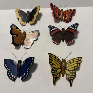 Vintage Lot Of 6 Handcrafted Hand painted Wood Butterfly Magnet - Picture 1 of 13