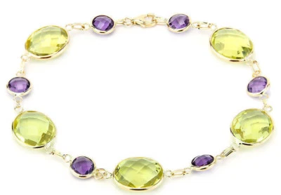 14K Yellow Gold Fancy Cut Amethyst And Lemon Topaz Gemstone Bracelet 8 Inches - Image 1 of 3