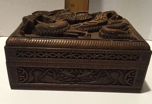 Antique 60-70’s India Carved Dragon Walnut Wood Trinket Box with 3D Relief Lid - Picture 1 of 12