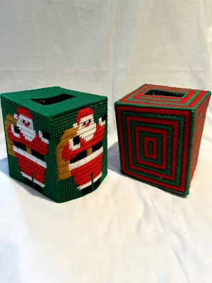 Set of 2 Festive Vintage Christmas Plastic Canvas / Yarn Tissue Box Covers - Image 1 of 4