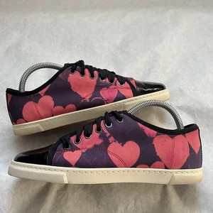 Lanvin Fabric Lace Up Captoe Black Patent Leather Sneakers 38 Hearts Casual Shoe - Picture 1 of 21