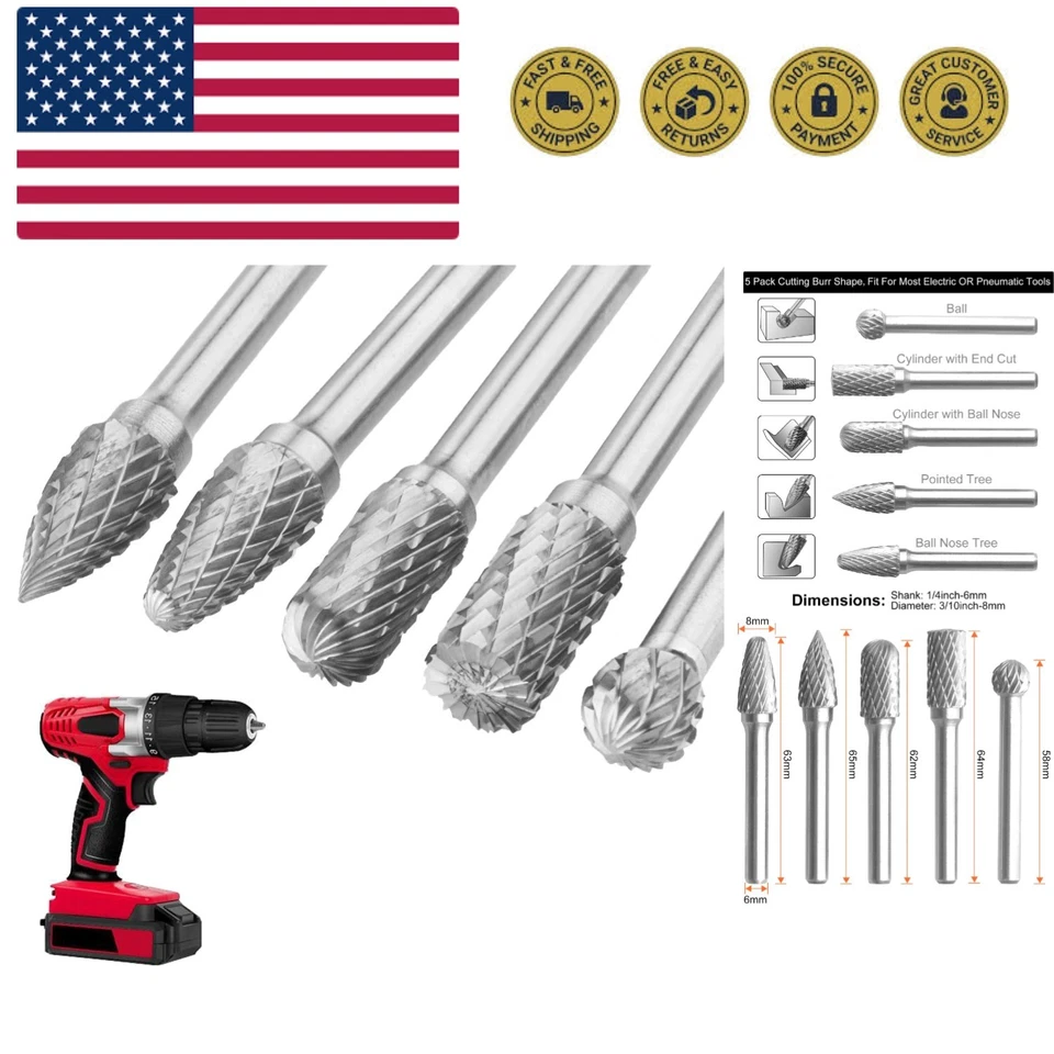 Набор из 5 вращающихся заусенцев из карбида вольфрамовой стали, хвостовик 1/4 дюйма двойной вырез карбид... - Изображение 1 из 4