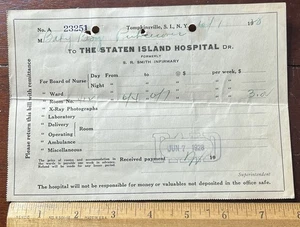 1928  STATEN ISLAND HOSPITAL Billhead, Baby Boy, 4 day stay, $3.0 - Picture 1 of 2
