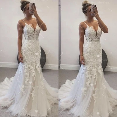 Mermaid Wedding Dress Deep V Neck Sleeveless White Ivory Sleeveless Bridal Gown - Image 1 of 4