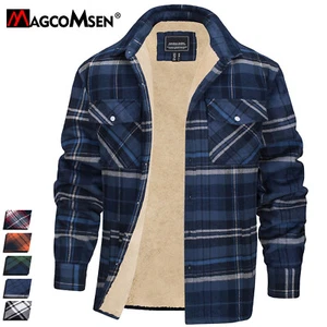 Men's Flannel Shirt Jacket Thick Fleece Lined Coats Winter Plaid Sherpa Jackets - Picture 1 of 40