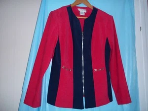 Casual Corner SLIMMING Sz 10 Full Zip Blazer Pink/Blue Stripe Velour POLY Blend  - Picture 1 of 6