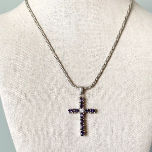 925 Sterling Silber lila klar CZ Kreuz religiös Anhänger Kette Halskette - Bild 1 von 12