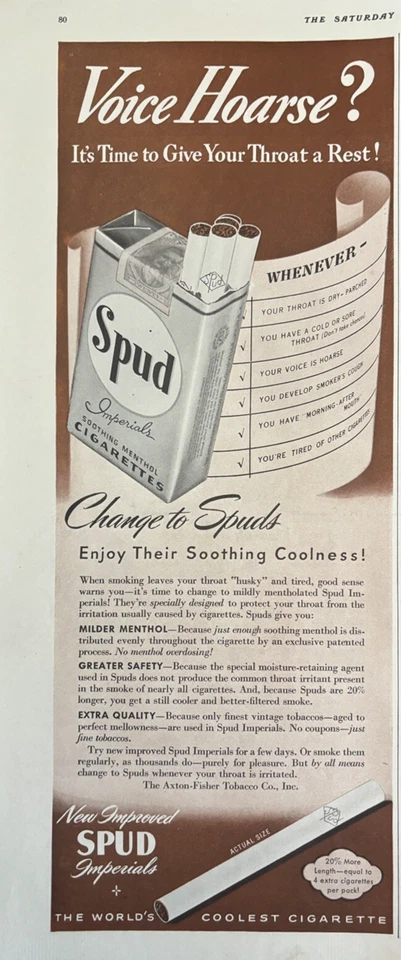 1942 Spud сигареты Imperials успокаивающий прохлада голос хриплый винтажный печатная реклама - Изображение 1 из 1