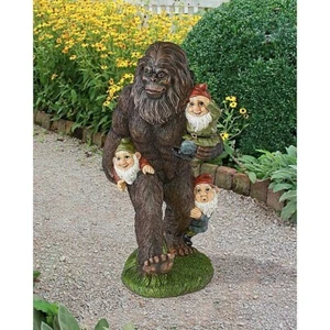 Whimsical Bigfoot Carrying Gnomes Garden Statue Yeti Yard Sculpture Figure, 16"H - Picture 1 of 6