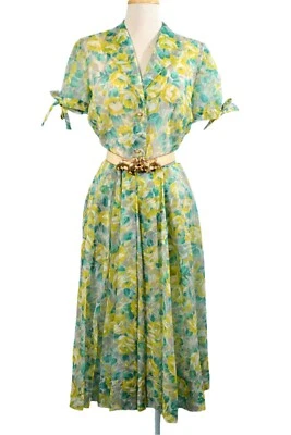 Vestido Floral Vintage Años 50 Verde/Amarillo/Gris, Semi Transparente con Cintura Ajustada Vestido S Foto 1 de 4