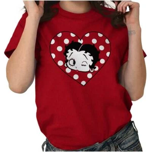 Betty Boop Polka Dot Heart Retro Cartoon Womens Graphic Crewneck T Shirt Tee - Picture 1 of 8