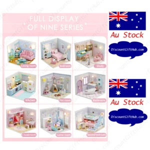 Modern Kid Room DIY Miniature Wooden DollHouse Kit Furniture LED Model Craft - Picture 1 of 11