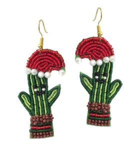 Green and Red Cactus and Santa Hat Multi Bead and Embroider Dangle Earrings - Picture 1 of 1