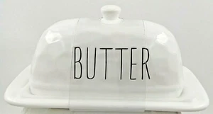 White Hammered Look Ceramic Butter Dish Black Letters Lid One Stick 7"x3.5"x4" - Picture 1 of 4