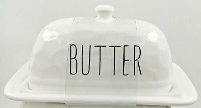 White Hammered Look Ceramic Butter Dish Black Letters Lid One Stick 7"x3.5"x4" - Image 1 of 4
