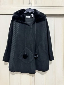 Le Moda Womens Fleece Zip Cape Wrap One Size Black Faux Fur Collar - Picture 1 of 4