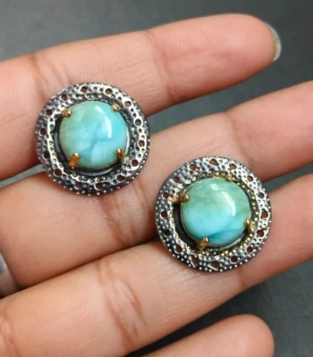 Gemelos dominicanos de piedras preciosas Larimar plata de ley 925 joyería de rodio negro Foto 1 de 4