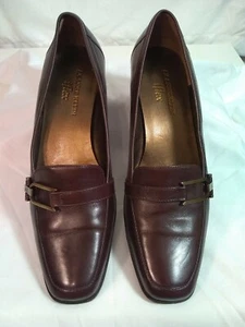 Women's Anne Klein AKLeland Brown Leather Loafers Buckle Heels Sz-6M f229 - Picture 1 of 12