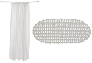 100% Vinyl Bath Mat & Shower Curtain with 12 Hooks Easy Care Wipe Clean White - Picture 1 of 3