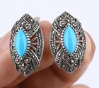 ALMOND MARCASITE SIMULATED TURQUOISE .925 SOLID STERLING SILVER EARRINGS #52932