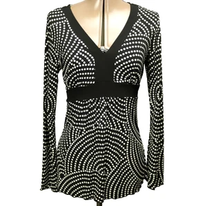 Vintage Y2K Judy Knapp Polka Dot Long Bell Sleeve V-Neck Top Black & White M - Picture 1 of 22