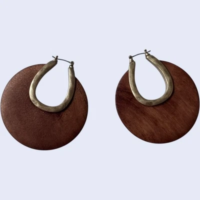 Серьги-кольца бохо дерево коричневое золото латунь геометрический фестиваль - Изображение 1 из 2