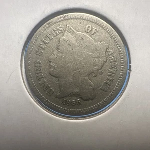 1866 Three Cent Nickel Piece 3C Ungraded Post-Civil War Date US Coin (626) - Picture 1 of 2