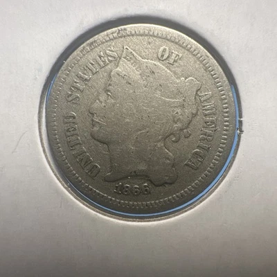 1866 Three Cent Nickel Piece 3C Ungraded Post-Civil War Date US Coin (626) - Image 1 of 2
