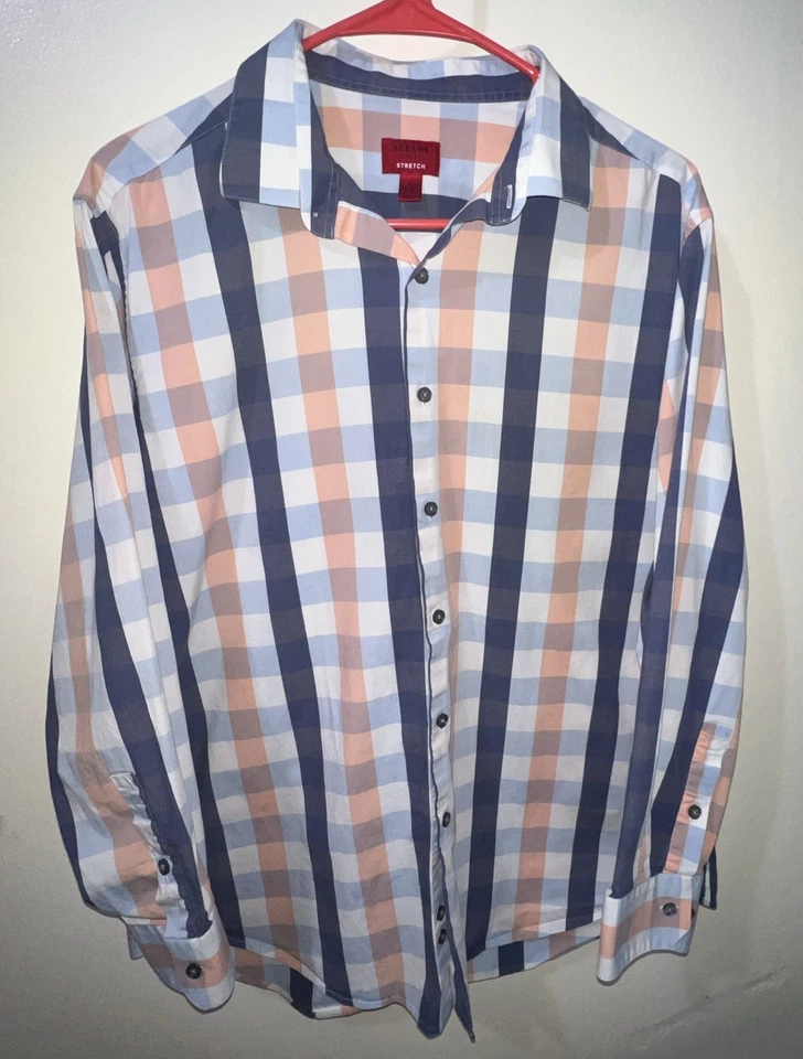 Alfani Plaid Slim Fit Stretch Button Dress Shirt Medium Pink Blue Plaid Men’s M - Image 1 of 4