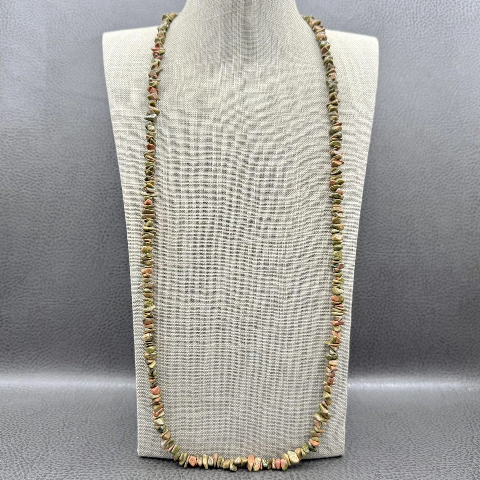 Unakite碧玉芯片珠项链32英寸宝石链波西米亚珠宝声明28 — 第 1/4 张图片