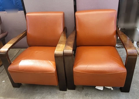 Vintage Art Deco Orange  Faux Leather Chairs Set of 2 Yew Hoong Wood Cover