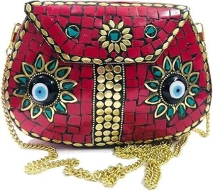 Mosaic Metal Clutch Bag, Maroon with Evil Eye Design, Gold Chain Strap - Picture 1 of 5
