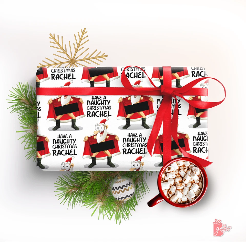 Name Personalized Christmas Gift Wrap Naughty Skinny Santa Custom Wrapping Paper - Image 1 of 4