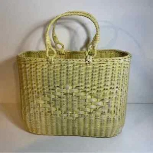 Vintage MCM Pale Yellow Woven Wicker Beach Shopping Market Tote - Picture 1 of 12