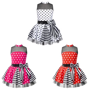 UK Girl Poalk Dots Mesh Sequin Leotard Tutu Dress Dance Circus Stage Performance - Picture 1 of 26