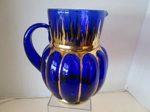 Vintage Handblown Euro-Glass Cobalt Blue Pitcher w/ gold accents Italy 8"T 72 Oz - Picture 1 of 12