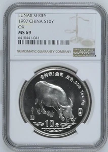 NGC MS69 China 1997 Lunar Ox Year Zodiac Silver Coin 1oz 10 Yuan - Picture 1 of 2