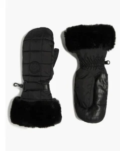 MICHAEL KORS BLACK QUILTED MITTENS WITH FAUX FUR TRIM GLOVES - Picture 1 of 2