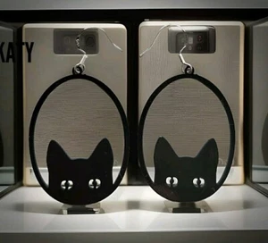 Stamped 925 Sterling Silver Hook Vintage Look Hollow Black Cat Earrings Gift - Picture 1 of 10