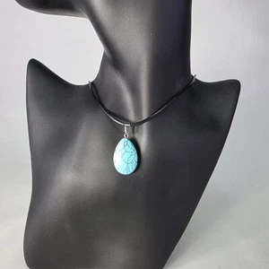 Genuine Turquoise Teardrop Gemstone Pendant Necklace Silver Tone, Stone Jewelry - Picture 1 of 7