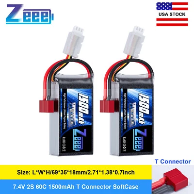 2x Zeee 7.4V 60C 1500mAh 2S Lipo Battery T Plug for RC Airplane FPV Drone Quad - Image 1 of 4