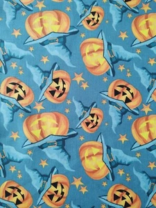 Halloween Pumpkins & Stars Print on Teal Cotton Quilting Sewing Fabric - 1 Yard - Picture 1 of 4