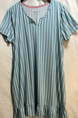 Comfort Code by Cuddl Duds Blue White Stripe Lounge Dress Pockets Ruffle Hem L - Image 1 of 4