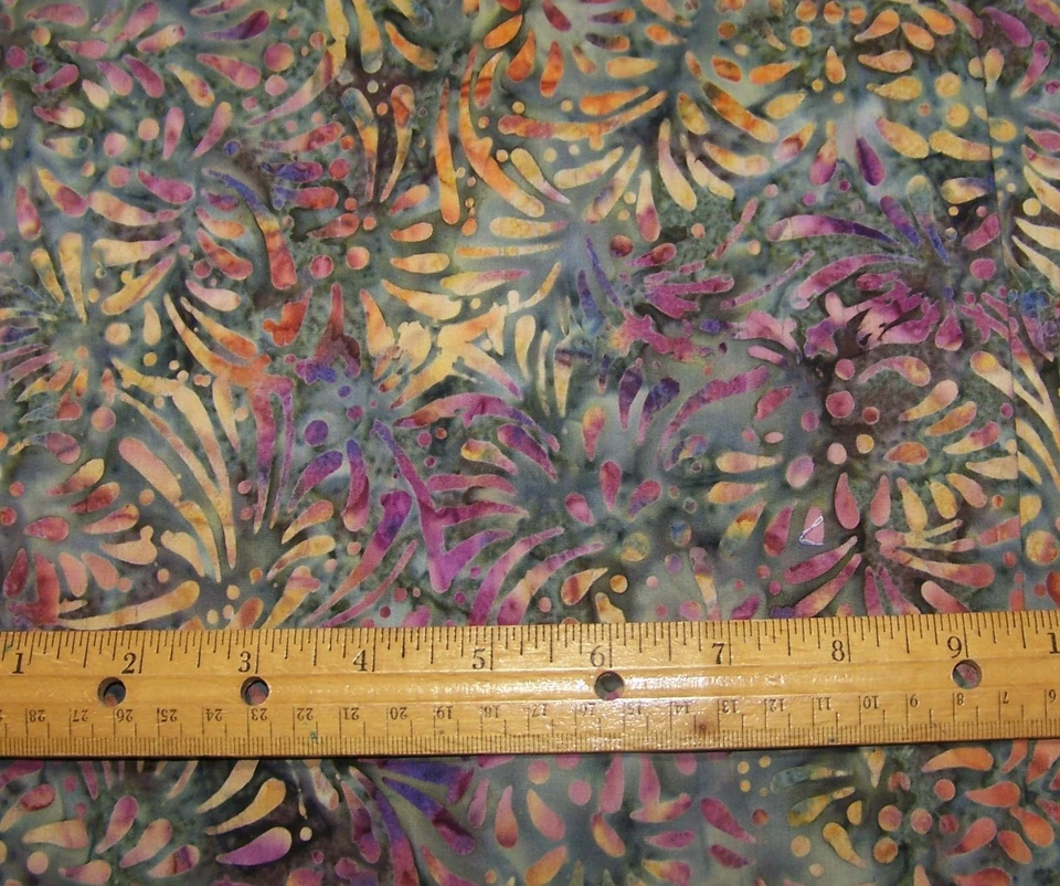 1 yard of Batik PURPLE & GOLD FLORAL on GREY 100% COTTON FABRIC - Image 1 of 1