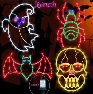 4 Pack Halloween Window Lights 16" Ghost Bat Spider Skull Holiday Decorations - Picture 1 of 11