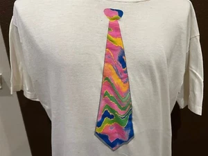 Vintage 80's Rainbow Tie White T Shirt Size L - Picture 1 of 5